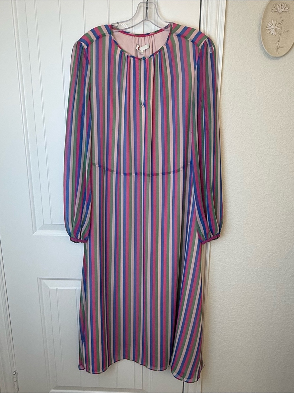 Boden Multi-Stripe Long-Sleeve Midi Dress in Pink, Blue & Green sz 16